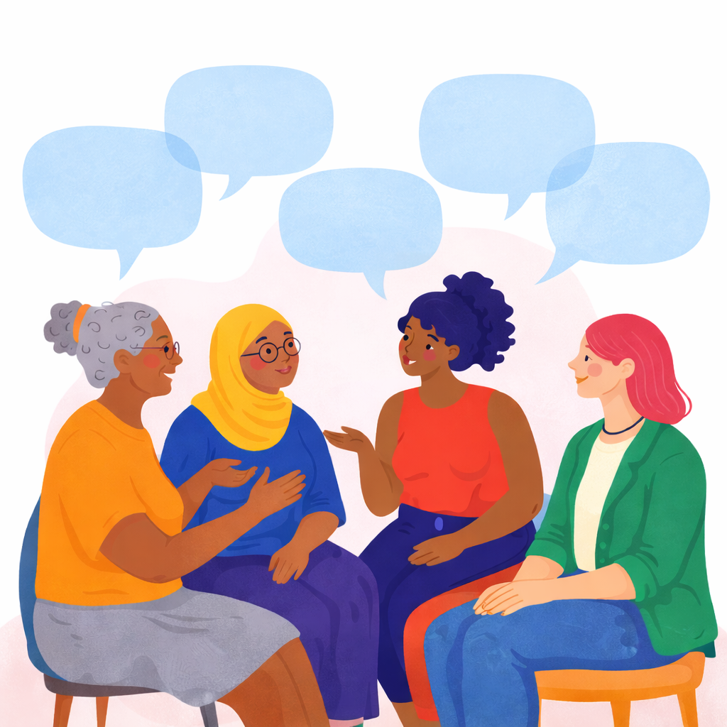 Ilustración de mujeres diversas sentadas en círculo y conversando entre sí)